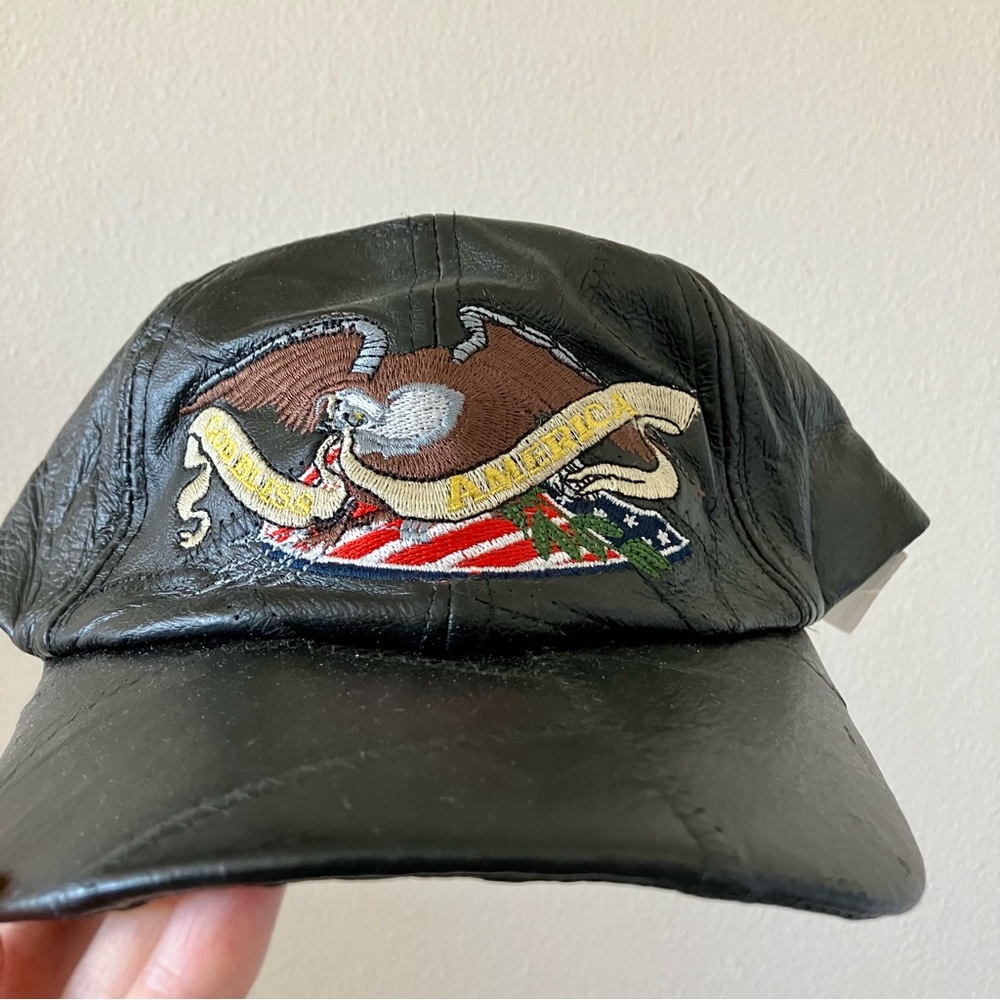 Black Leather God Bless America Eagle Vintage Adjustable Baseball Cap